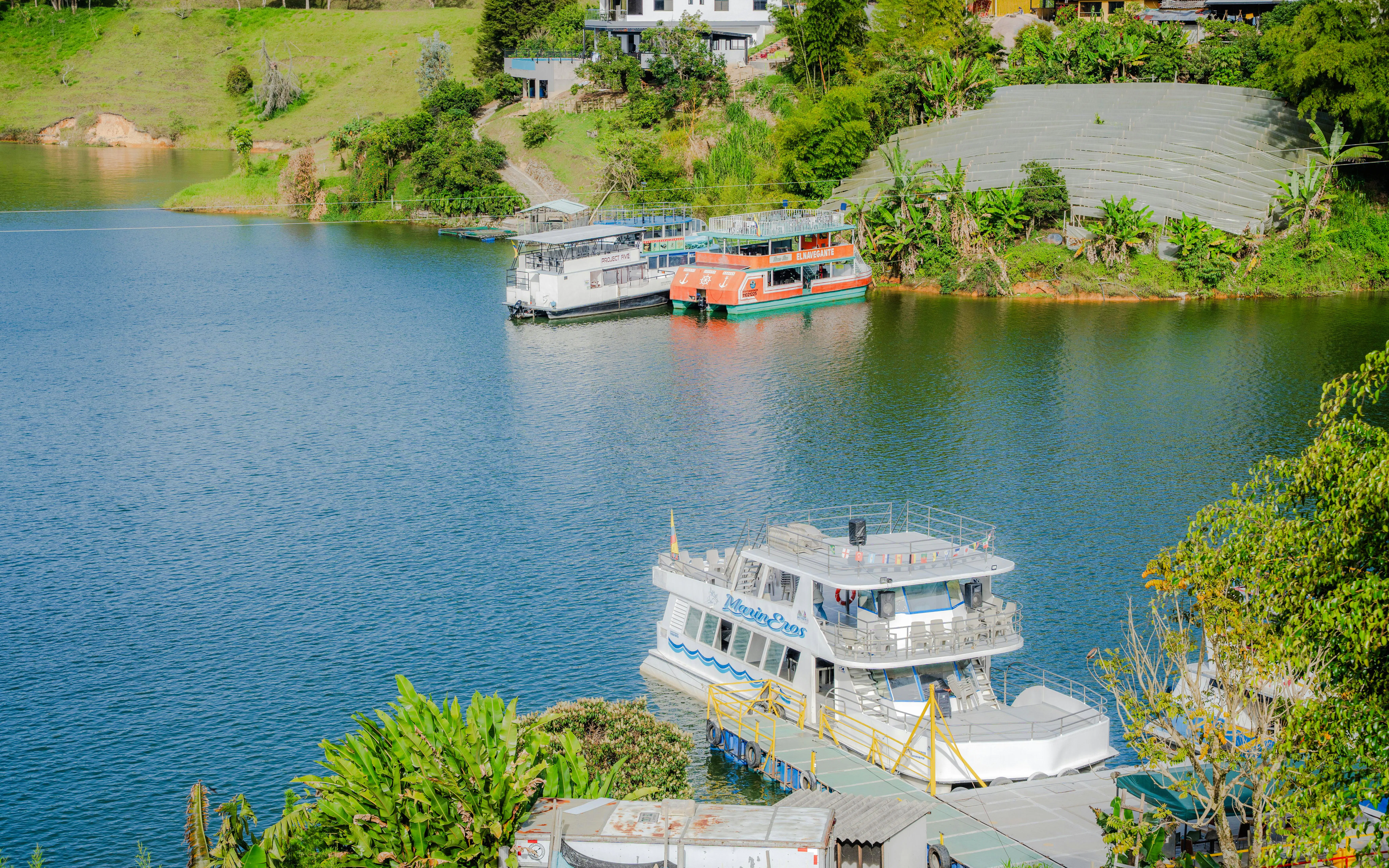 Boats docked at Embalse del Peñol-Guatapé in Antioquia, Colombia.
