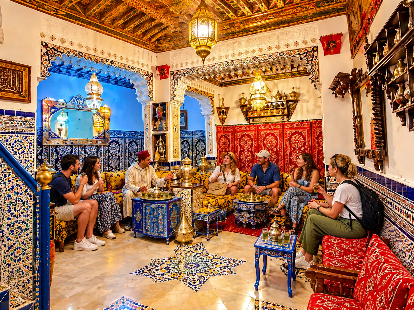 Group enjoying tea in a traditional Moroccan room with intricate tilework in Tangier.