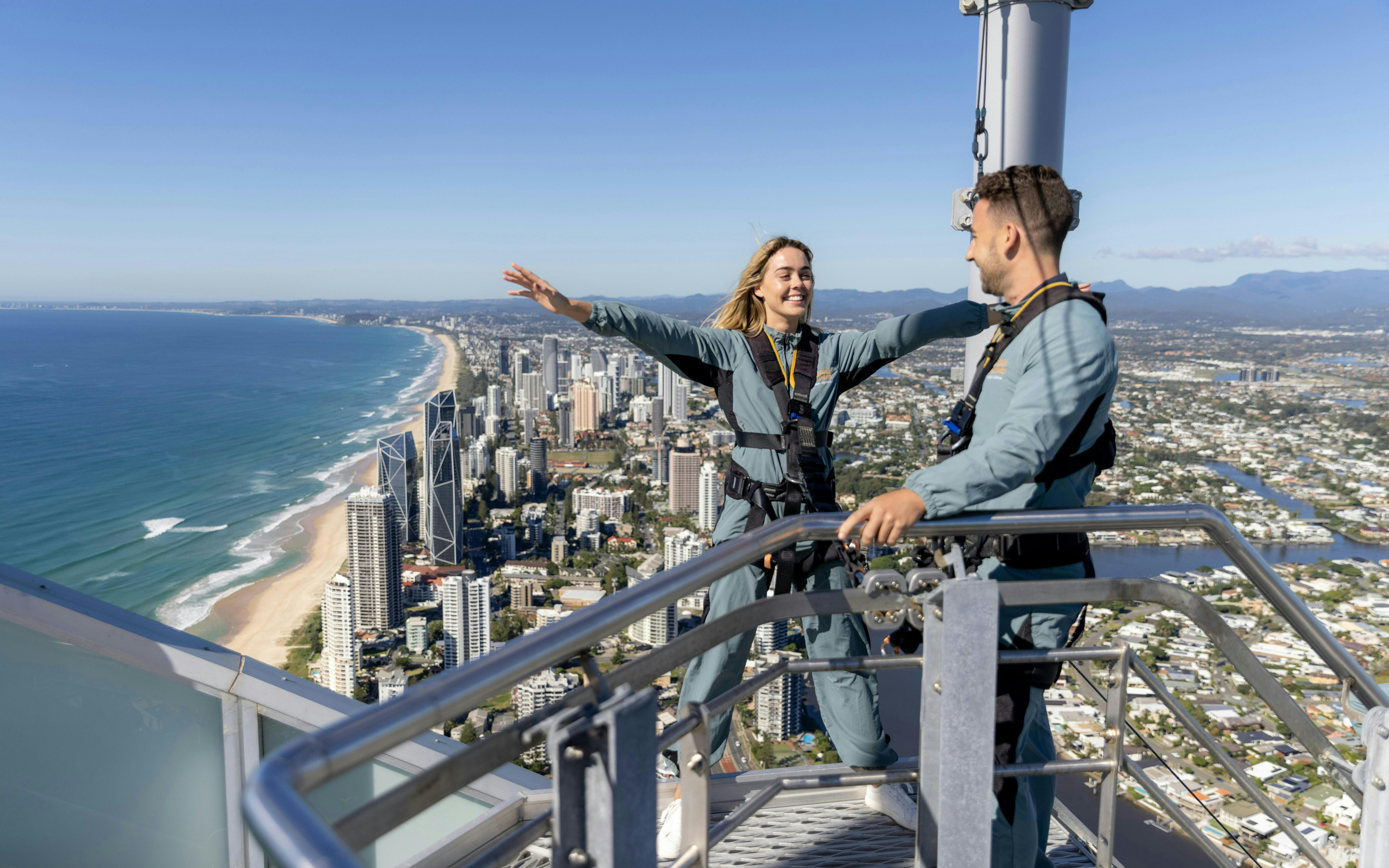 Guests enjoying the Skypoint day climb with views of Gold Coast skyline and ocean.