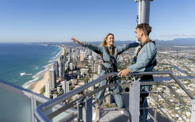Guests enjoying the Skypoint day climb with views of Gold Coast skyline and ocean.