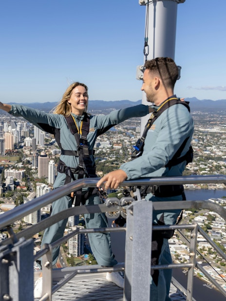 Guests enjoying the Skypoint day climb with views of Gold Coast skyline and ocean.