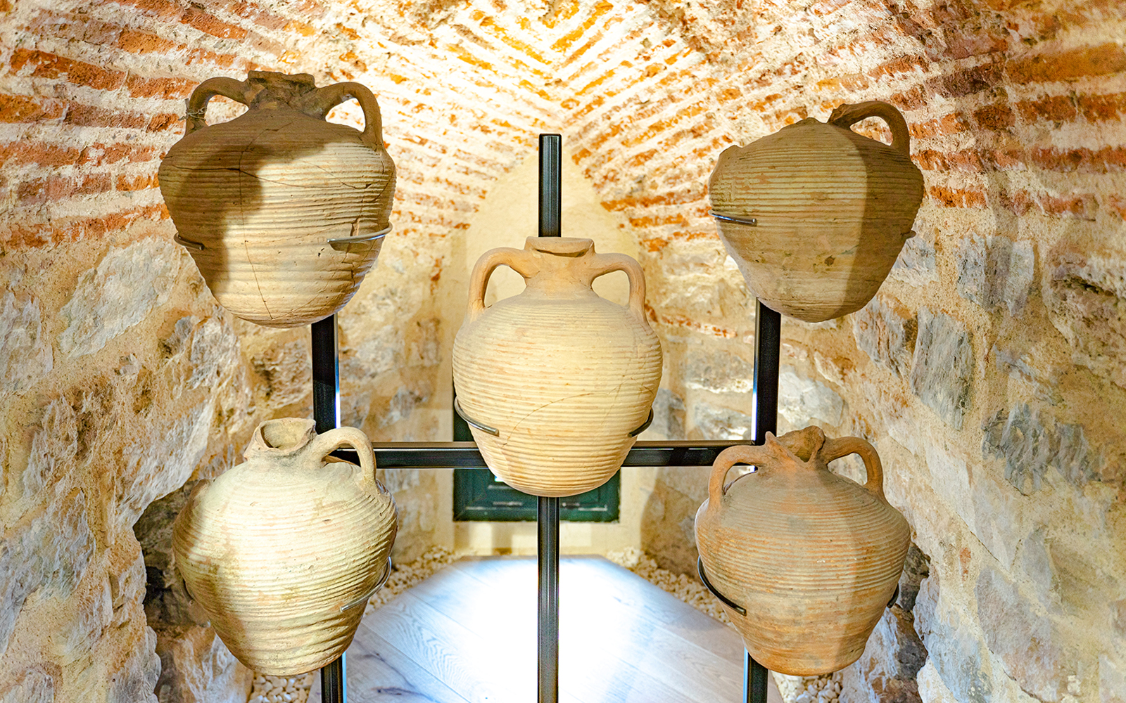 Ancient wine jugs displayed inside the Galata Tower, Istanbul.