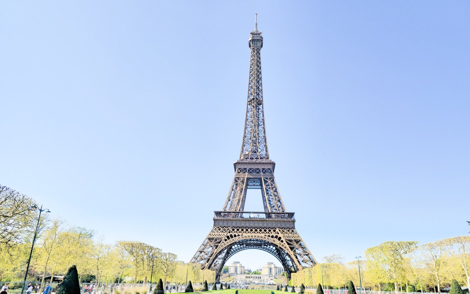 Eiffel Tower in Paris, France, viewed from the Champ de Mars with clear blue sky.