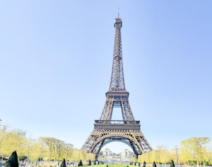 Eiffel Tower in Paris, France, viewed from the Champ de Mars with clear blue sky.