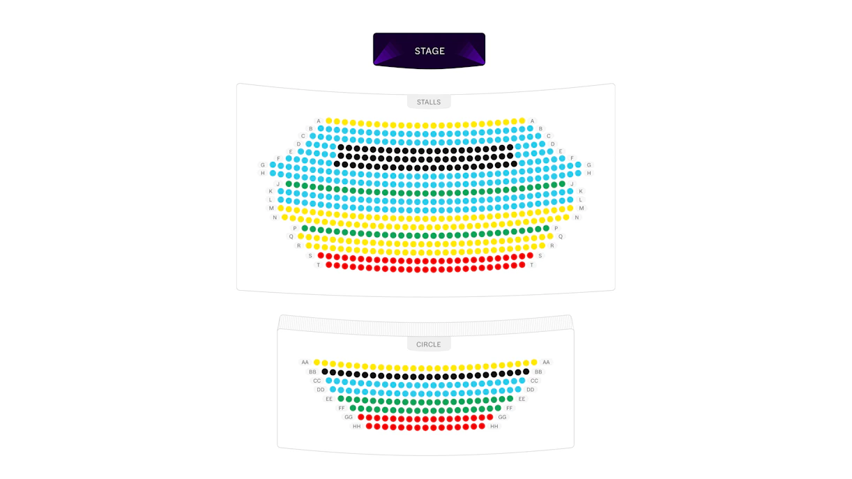 Seating chart for theater with stalls and circle sections, color-coded by seat availability.