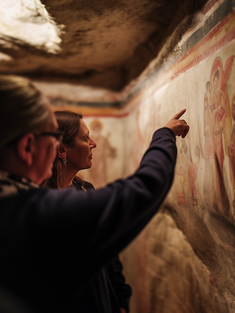 Tour guide explaining ancient frescoes in Roman catacombs.