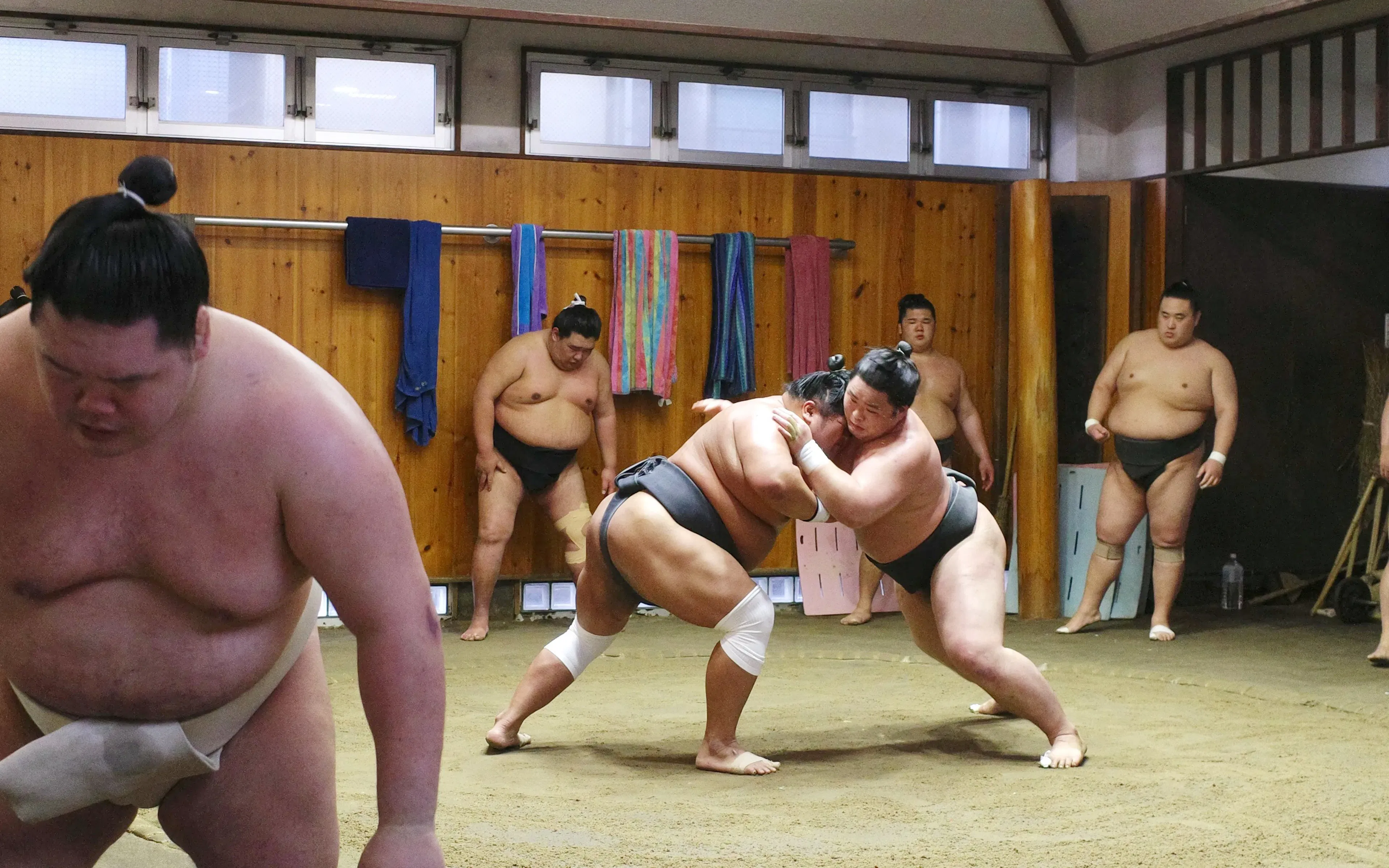 Sumo wrestlers practicing in a dojo during a morning session in Asakusa.