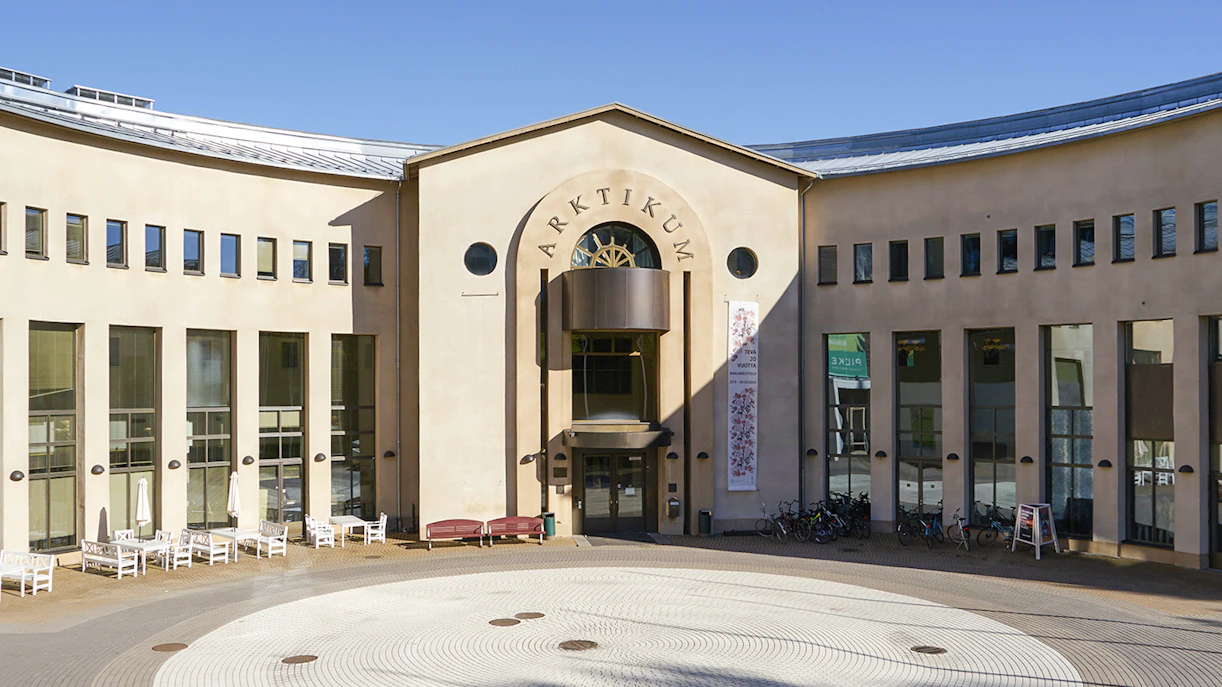 Arktikum Museum & Science Center entrance in Finland with circular courtyard.