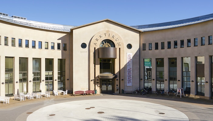 Arktikum Museum & Science Center entrance in Finland with circular courtyard.