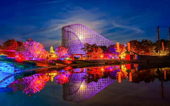 Roller coaster illuminated at night during Halloween at Heide Park.