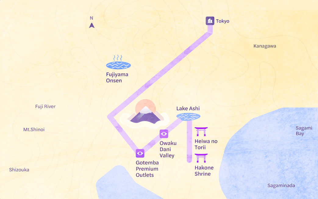 Tokyo day tour map featuring Mt. Fuji, Lake Ashi, Owaku Dani Valley, and Fujiyama Onsen.