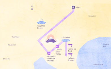 Tokyo day tour map featuring Mt. Fuji, Lake Ashi, Owaku Dani Valley, and Fujiyama Onsen.