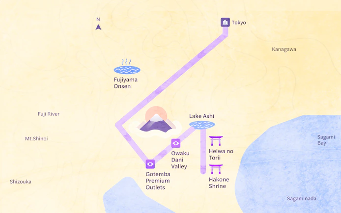 Tokyo day tour map featuring Mt. Fuji, Lake Ashi, Owaku Dani Valley, and Fujiyama Onsen.