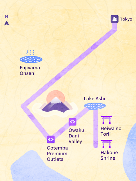 Tokyo day tour map featuring Mt. Fuji, Lake Ashi, Owaku Dani Valley, and Fujiyama Onsen.