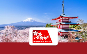 Welcome Suica IC Card with Mount Fuji and Chureito Pagoda in spring.