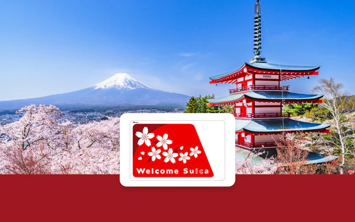 Welcome Suica IC Card with Mount Fuji and Chureito Pagoda in spring.