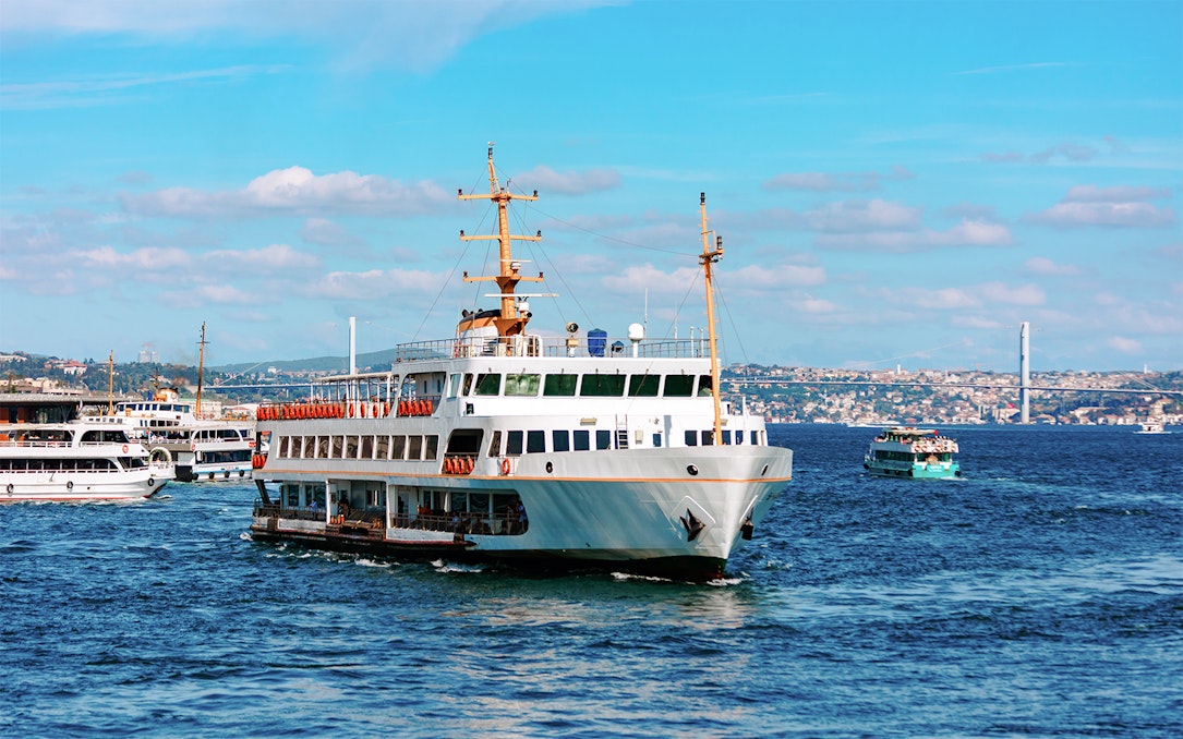 Ferry on the Bosphorus with Istanbul skyline in the background.