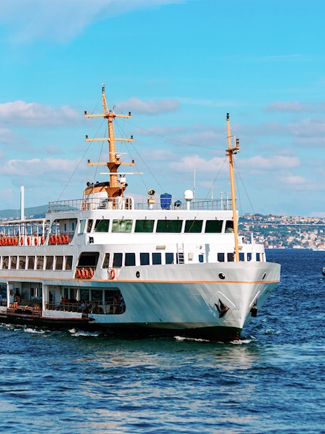 Ferry on the Bosphorus with Istanbul skyline in the background.