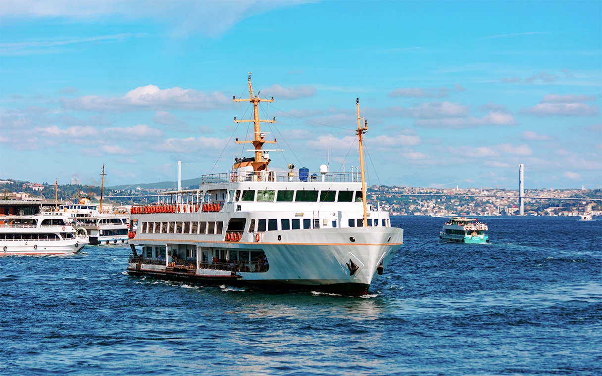Ferry on the Bosphorus with Istanbul skyline in the background.