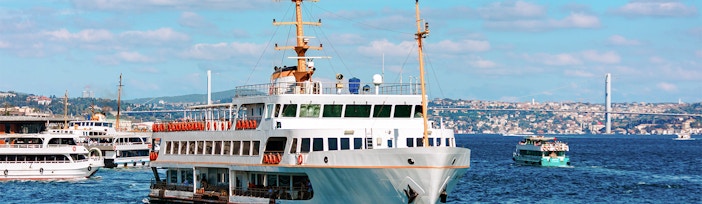 Ferry on the Bosphorus with Istanbul skyline in the background.