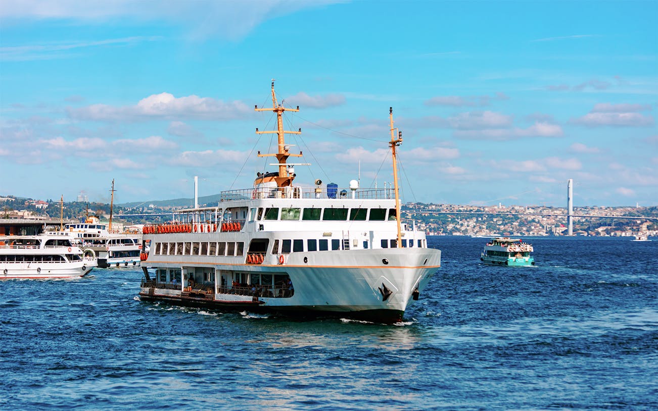 Ferry on the Bosphorus with Istanbul skyline in the background.