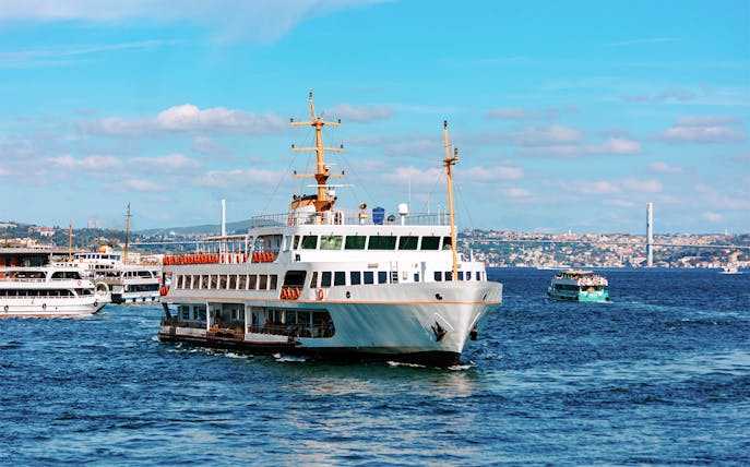 Ferry on the Bosphorus with Istanbul skyline in the background.
