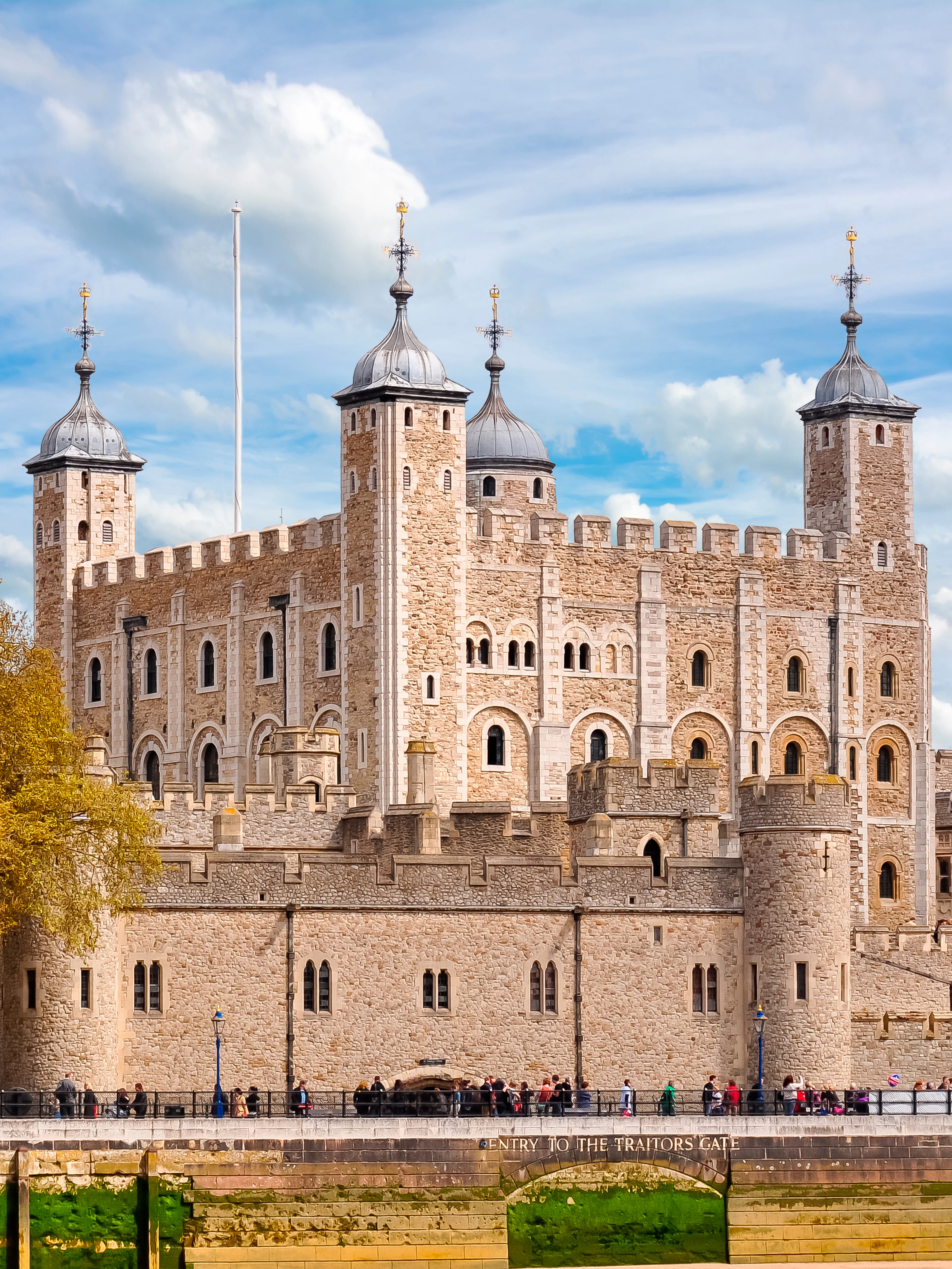Tower of London with White Tower and medieval fortress walls, United Kingdom.