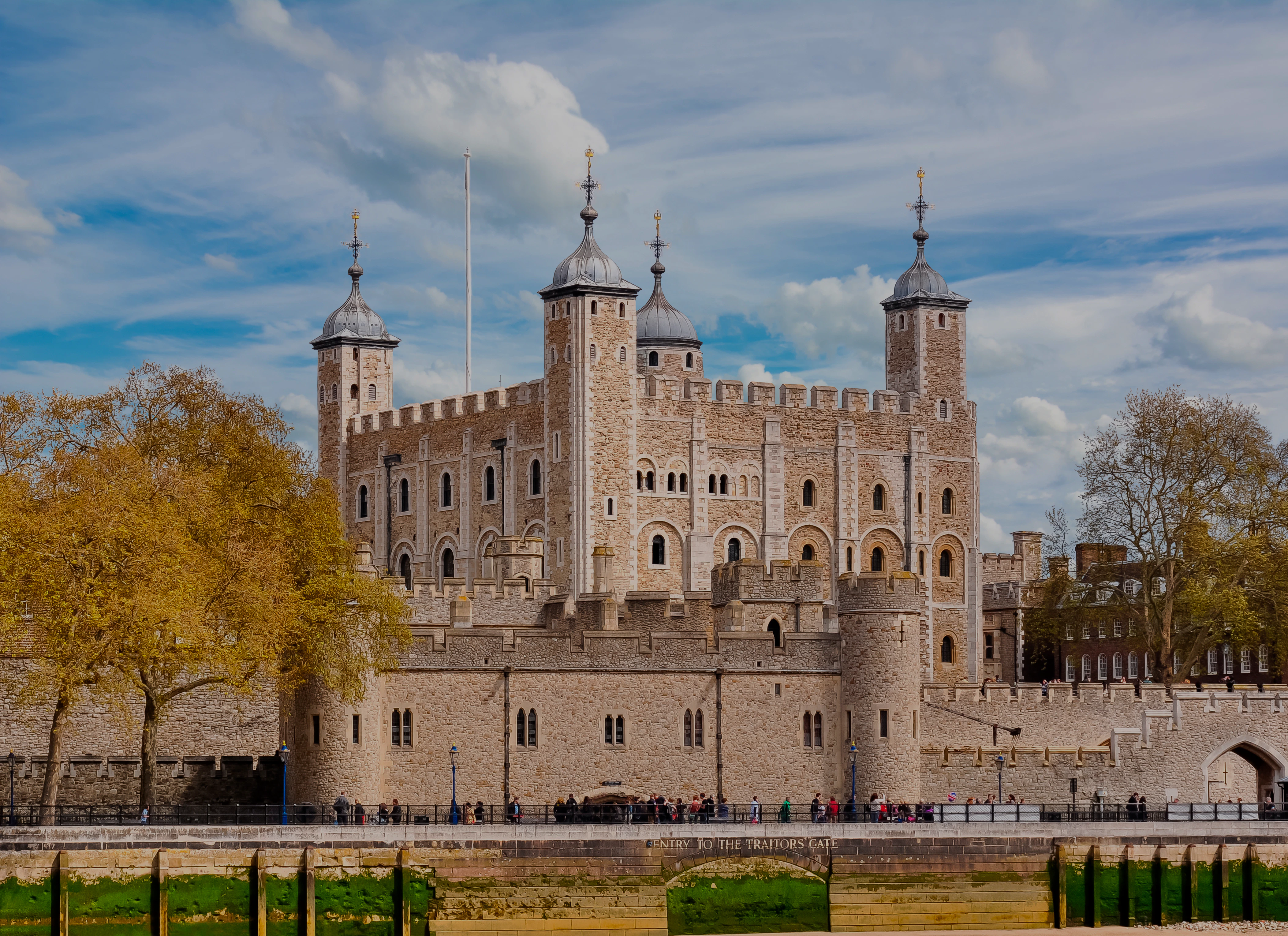 Tower of London with White Tower and medieval fortress walls, United Kingdom.