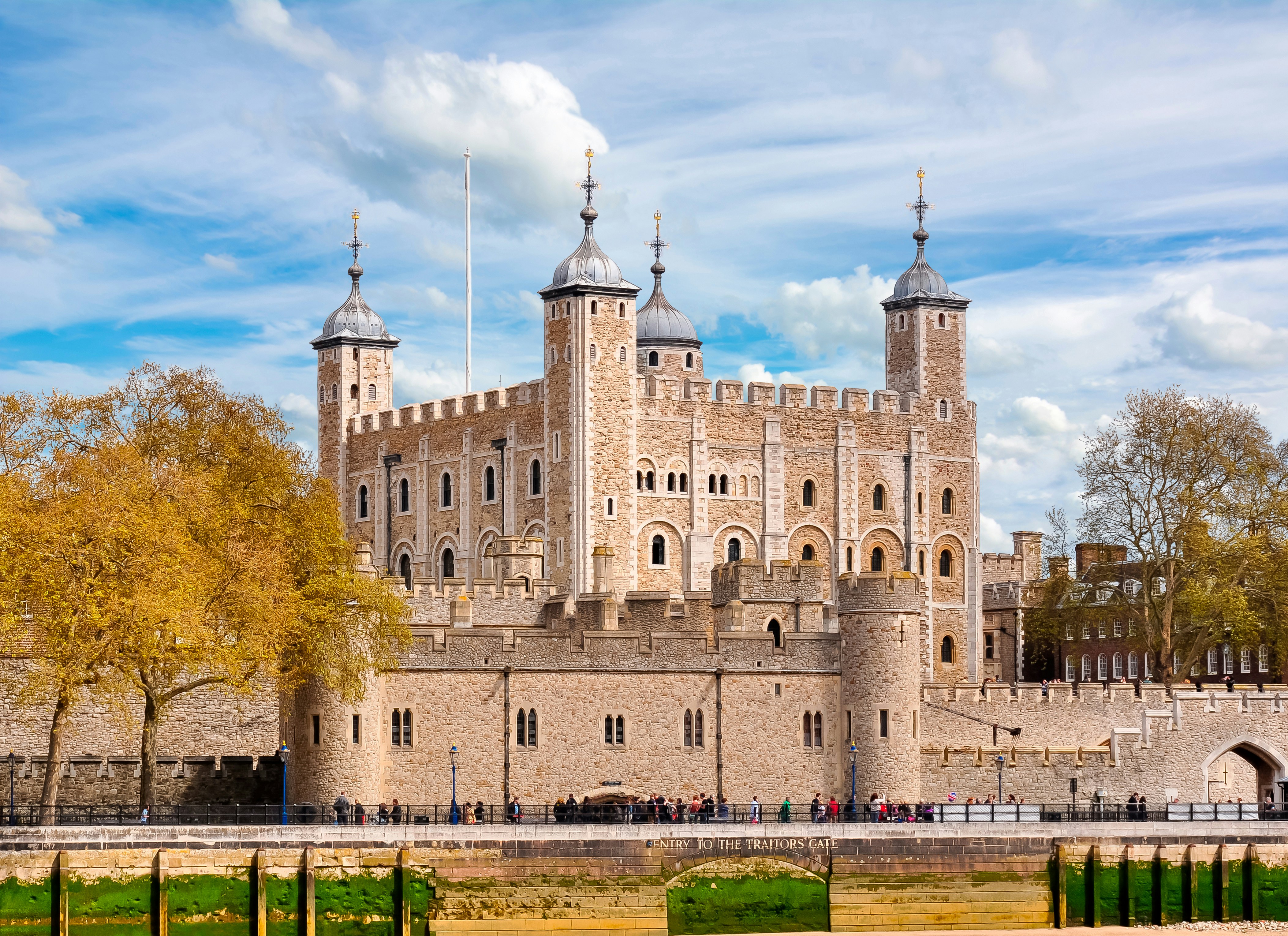 Tower of London with White Tower and medieval fortress walls, United Kingdom.