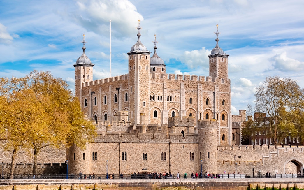 Tower of London with White Tower and medieval fortress walls, United Kingdom.