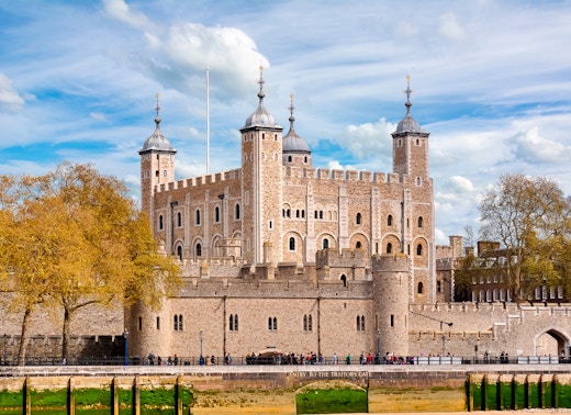 Tower of London with White Tower and medieval fortress walls, United Kingdom.
