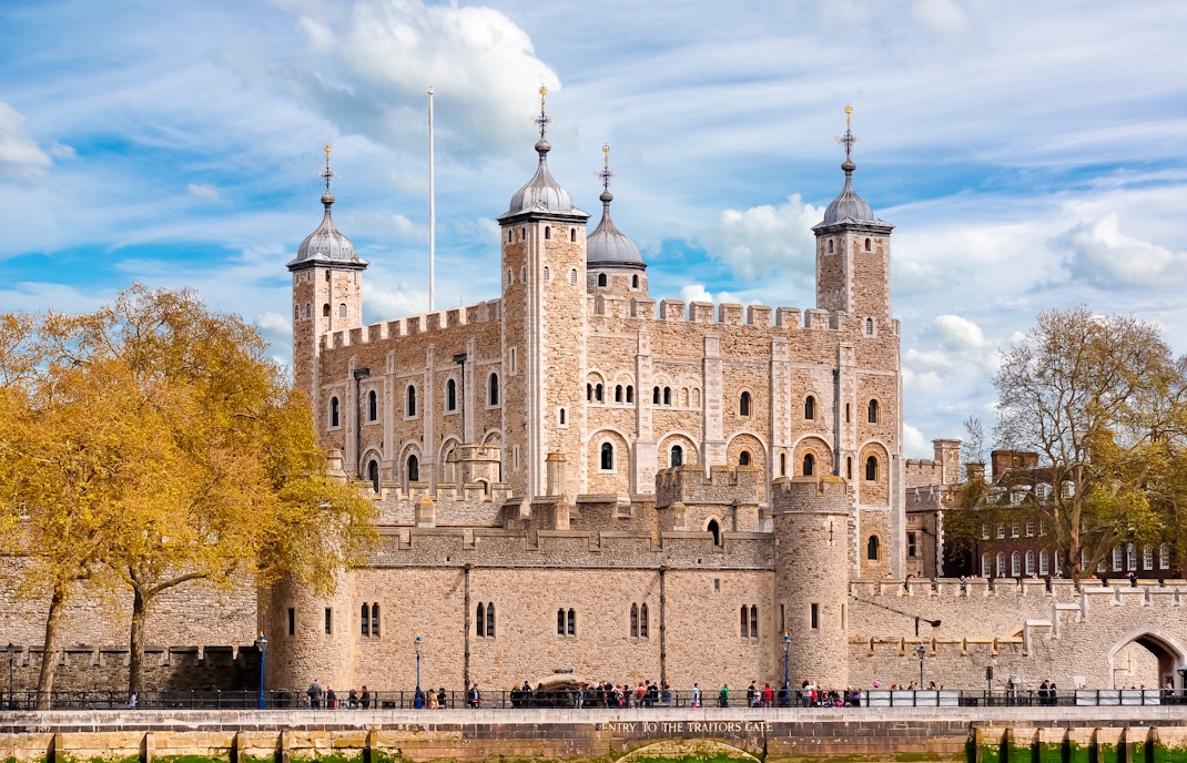 Tower of London with White Tower and medieval fortress walls, United Kingdom.