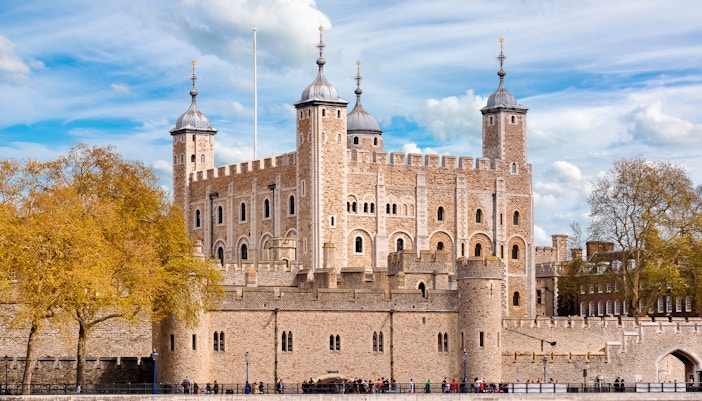 Tower of London with White Tower and medieval fortress walls, United Kingdom.