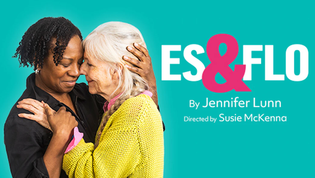 Two people embracing with 'Es & Flo' text, play by Jennifer Lunn.