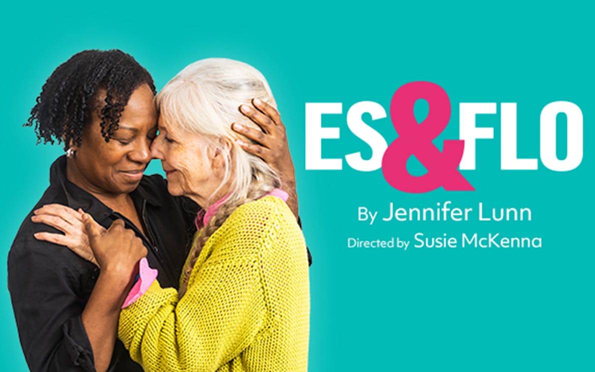 Two people embracing with 'Es & Flo' text, play by Jennifer Lunn.