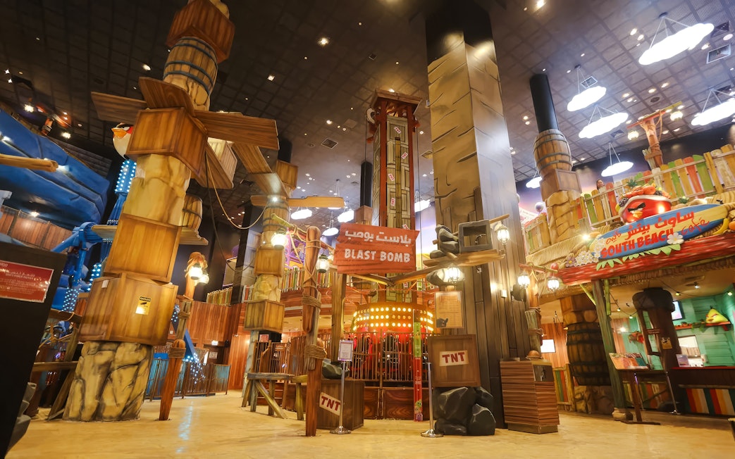 Blast Bomb ride entrance at Angry Birds World Theme Park with themed decor.