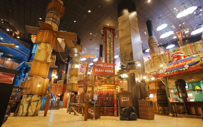 Blast Bomb ride entrance at Angry Birds World Theme Park with themed decor.