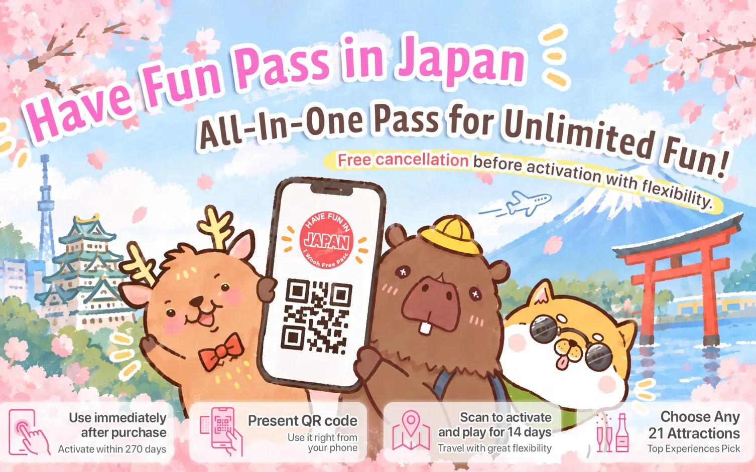 Cartoon animals holding a QR code for the "Have Fun in Japan Pass" with Tokyo Tower and cherry blossoms in the background.