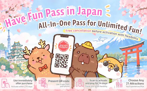 Cartoon animals holding a QR code for the "Have Fun in Japan Pass" with Tokyo Tower and cherry blossoms in the background.