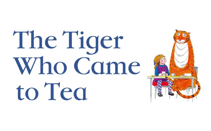 Girl having tea with a tiger at a table, from "The Tiger Who Came to Tea.