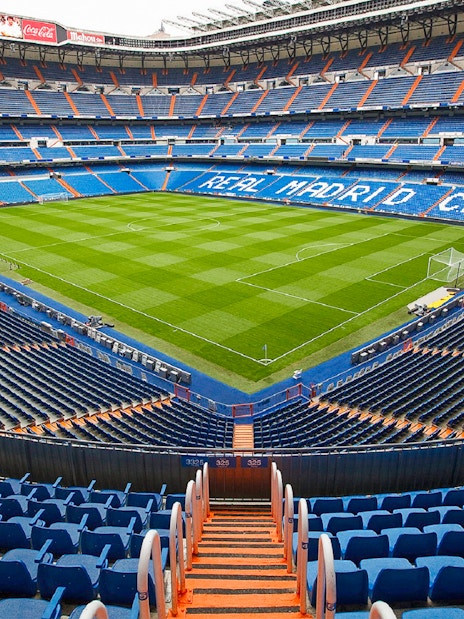 Santiago Bernabéu Stadium empty seats and field, Madrid, Spain.
