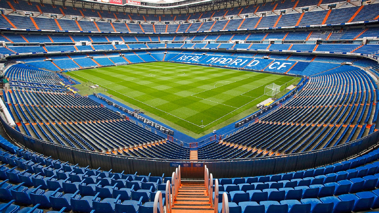Santiago Bernabéu Stadium empty seats and field, Madrid, Spain.