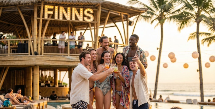 Tourists enjoying a party at Finn's Beach Club with drinks and a sunset view.