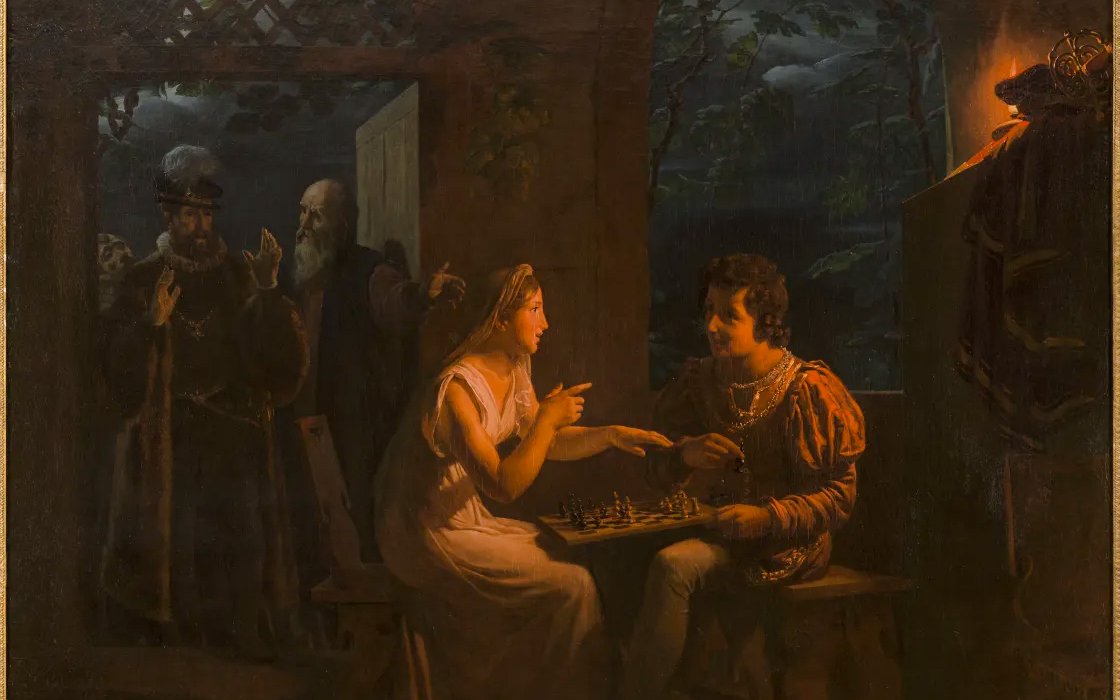 People playing chess indoors at night, Musée de la Vie romantique, Paris, France.