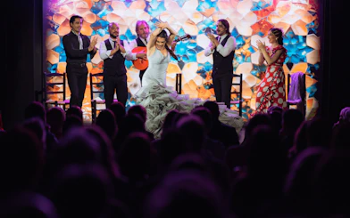 Flamenco dancers performing on stage at Teatro Flamenco Barcelona.