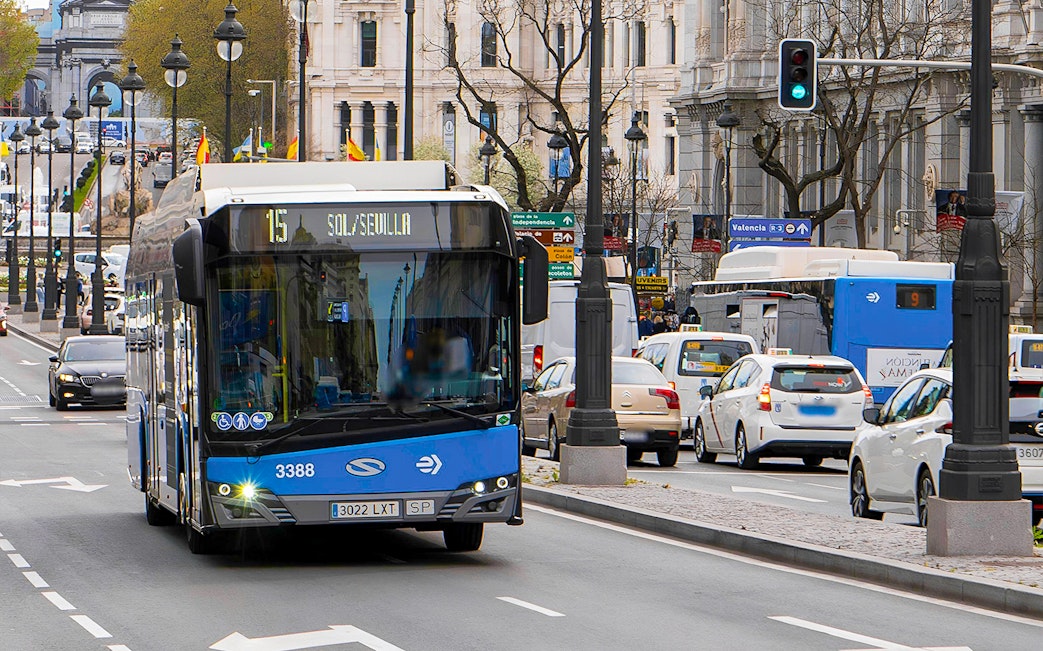 Bus on Madrid street near Barajas T4, heading to Sol/Sevilla.
