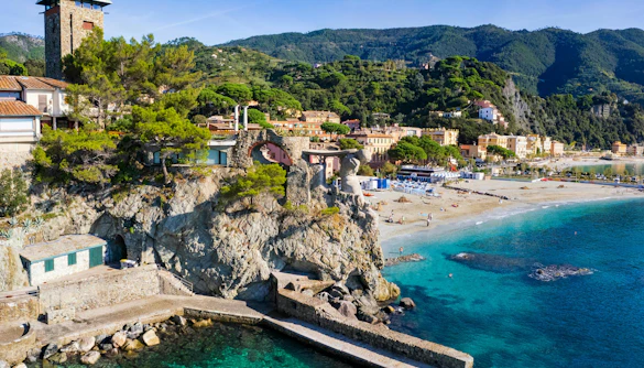 Aerial view of Il Gigante statue on Fegina Beach, Monterosso al Mare, Cinque Terre, Italy.