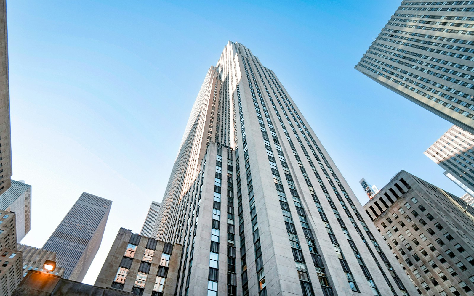 Rockefeller Center skyscraper in Manhattan, New York, viewed from street level.