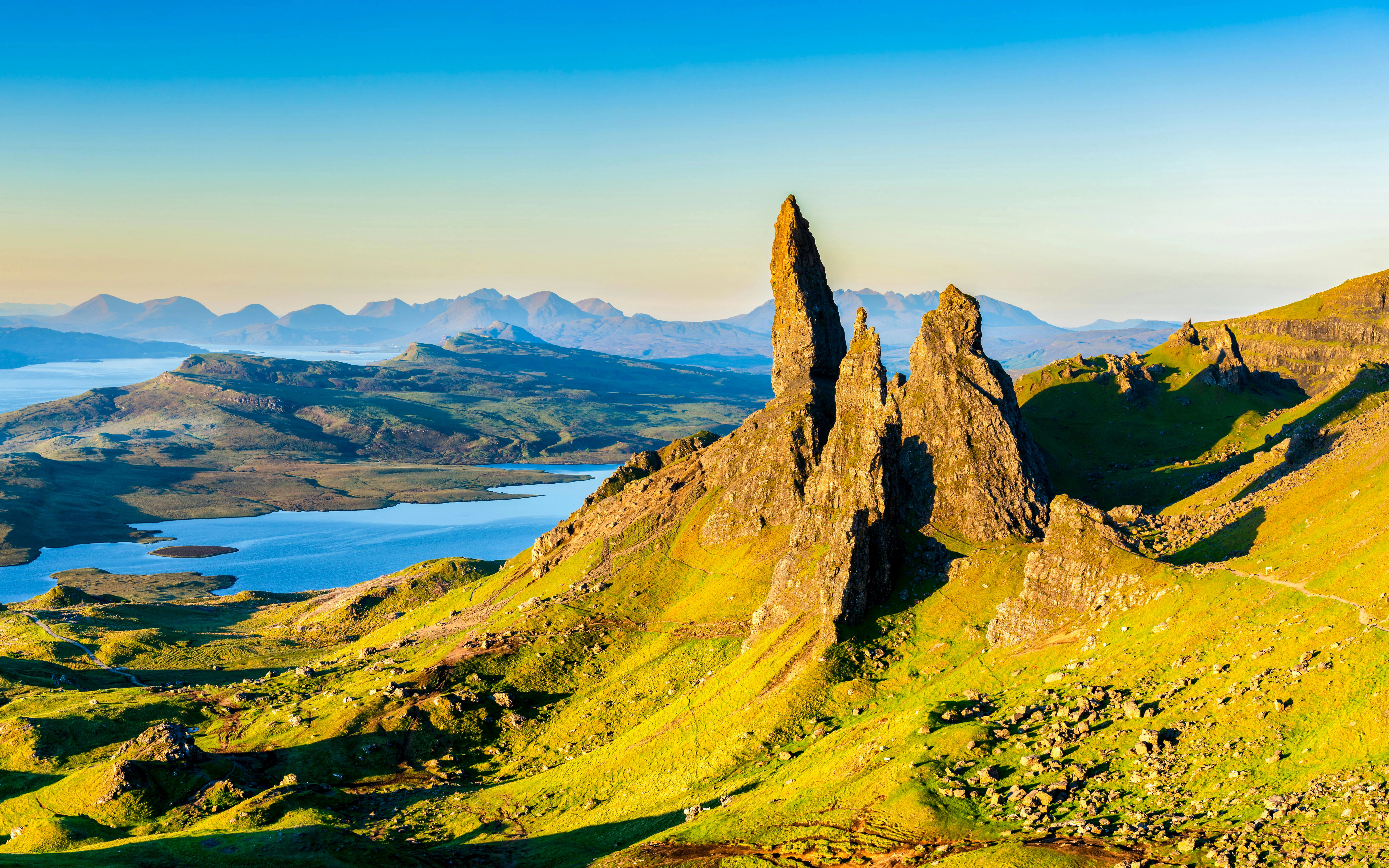 Old Man of Storr rock formation in morning sunlight, Isle of Skye, Scotland.