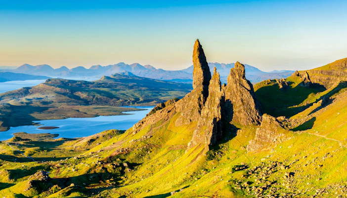 Old Man of Storr rock formation in morning sunlight, Isle of Skye, Scotland.